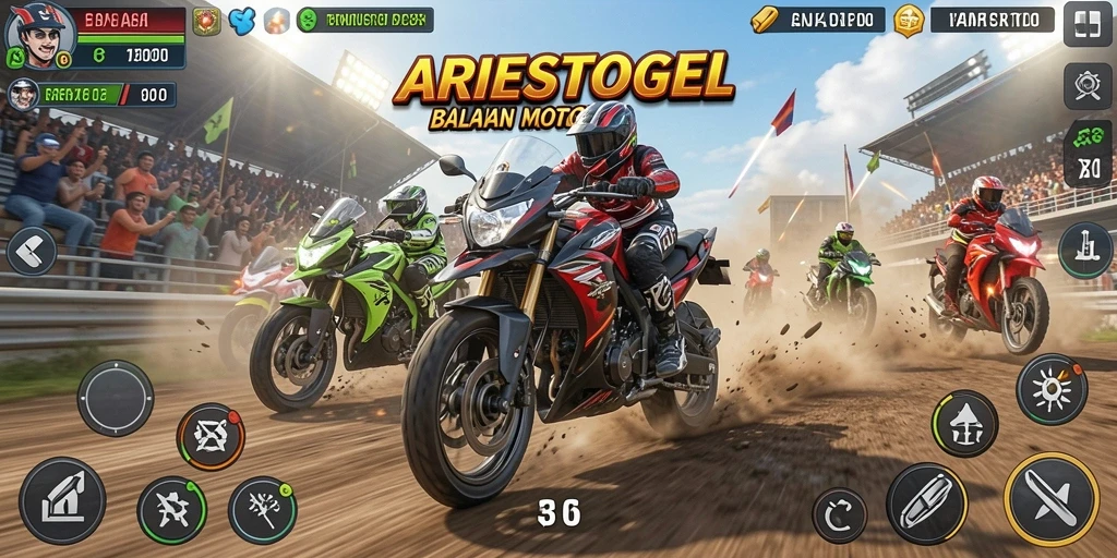 Tampilan gameplay ARIESTOGEL dengan aksi balapan motor yang mendebarkan.