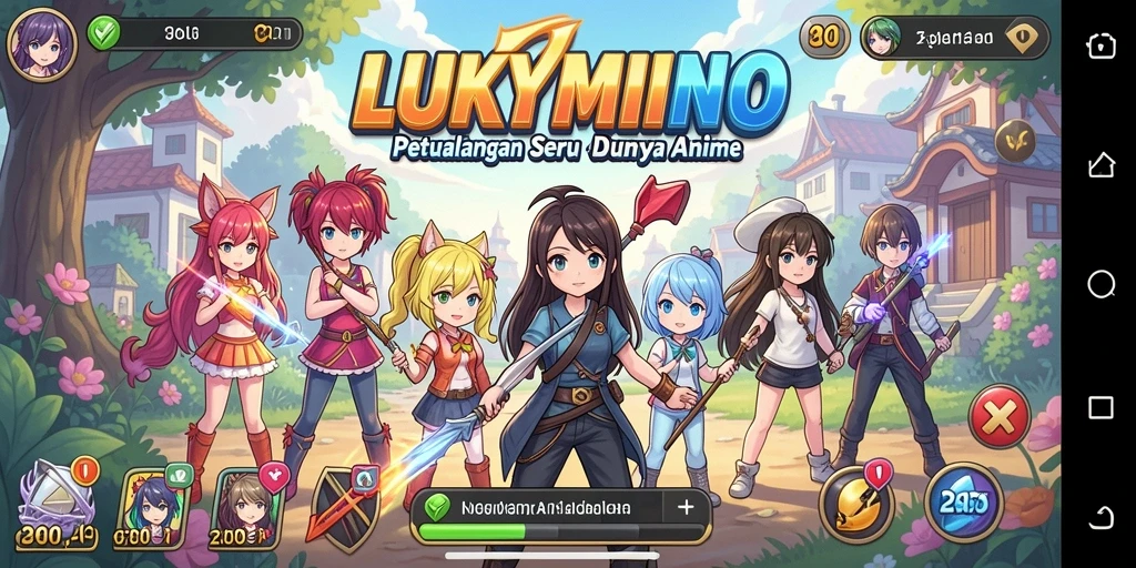 Screenshot gameplay <strong>LUKYMINO</strong> dengan karakter anime yang menawan dan latar yang penuh warna.