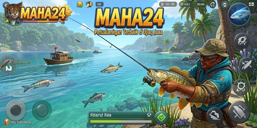 Screenshot gameplay <strong>MAHA24</strong> menampilkan pemain sedang memancing di danau yang indah.