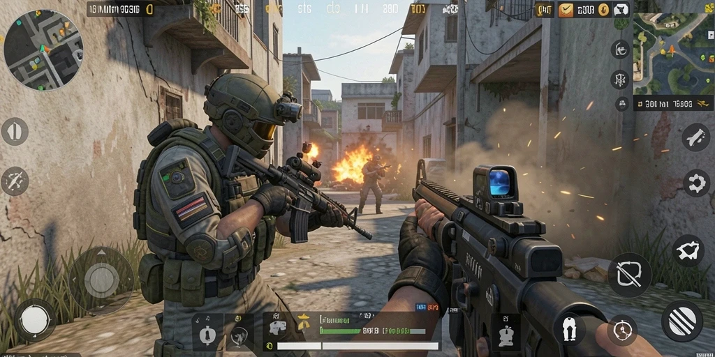 Tangkapan layar MPO303 menampilkan aksi pertempuran FPS yang seru.