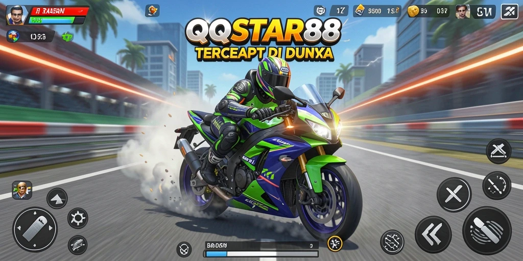 Tampilan utama game QQSTAR88 yang menampilkan aksi balapan motor.