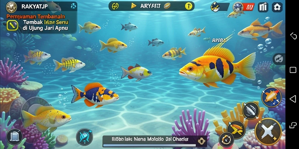 Tampilan gameplay RAKYATJP dengan ikan berwarna-warni dan efek menawan.